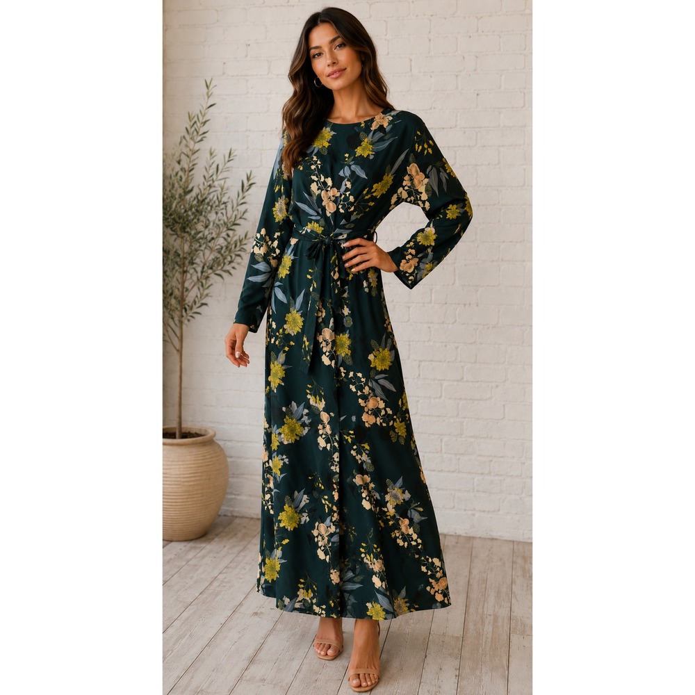 Alexia Admor Emerald Green Floral Maxi Dress Long Sleeve Tie Waist Size 6 NWT
